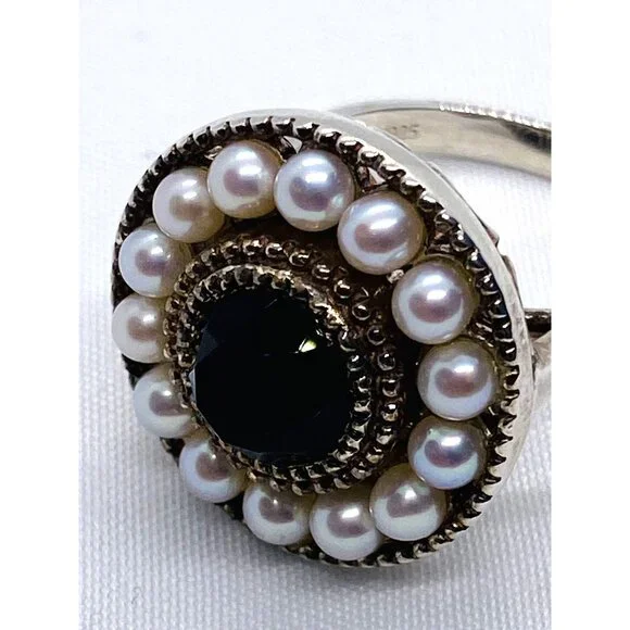 Tiffany & Co 925 Ziegfeld Pearl & Onyx Cocktail Circle Ring sz 8 - Picture 7 of 9